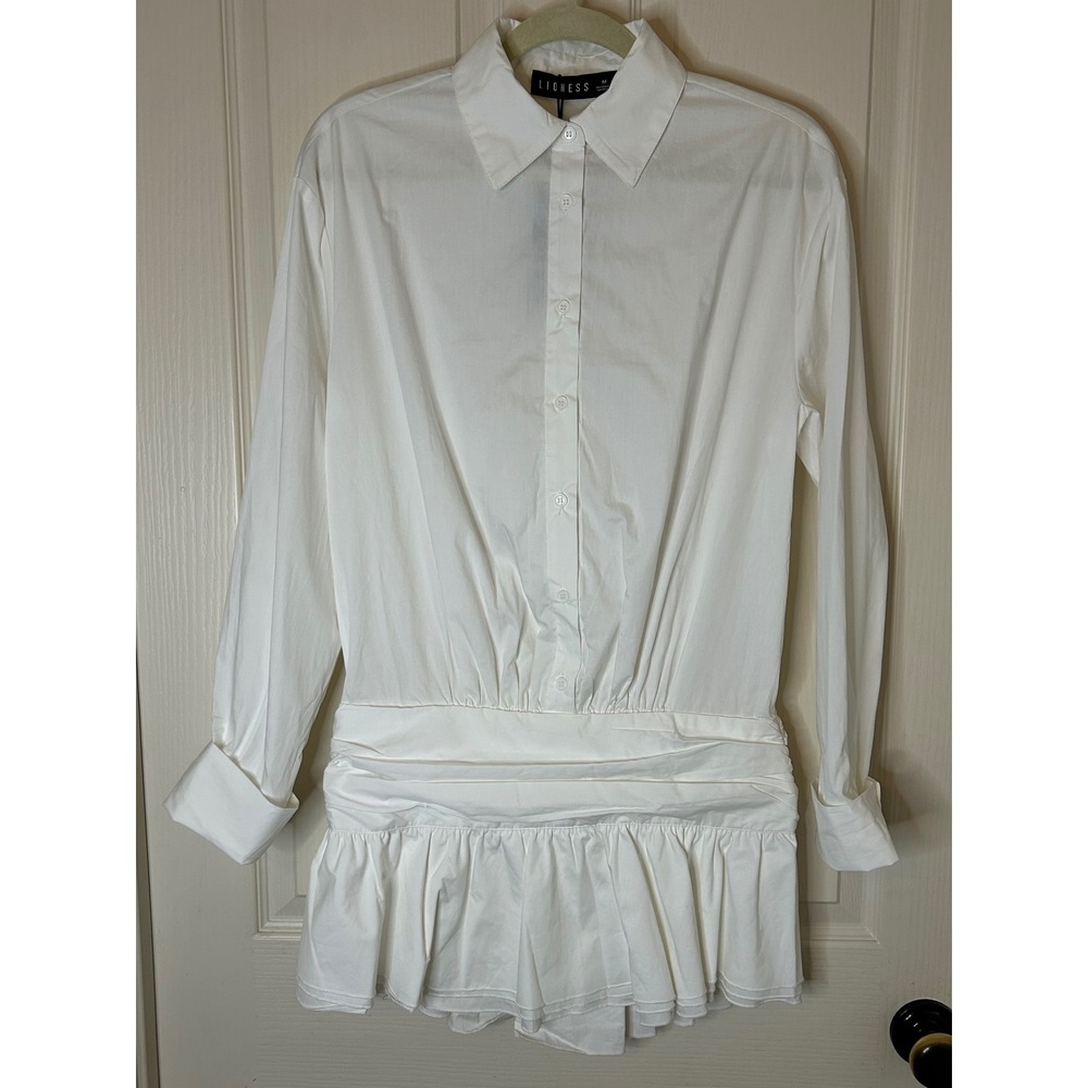 Lioness Girls Girls Girls Mini Dress White Cotton Ruched Shirt Dress M NEW